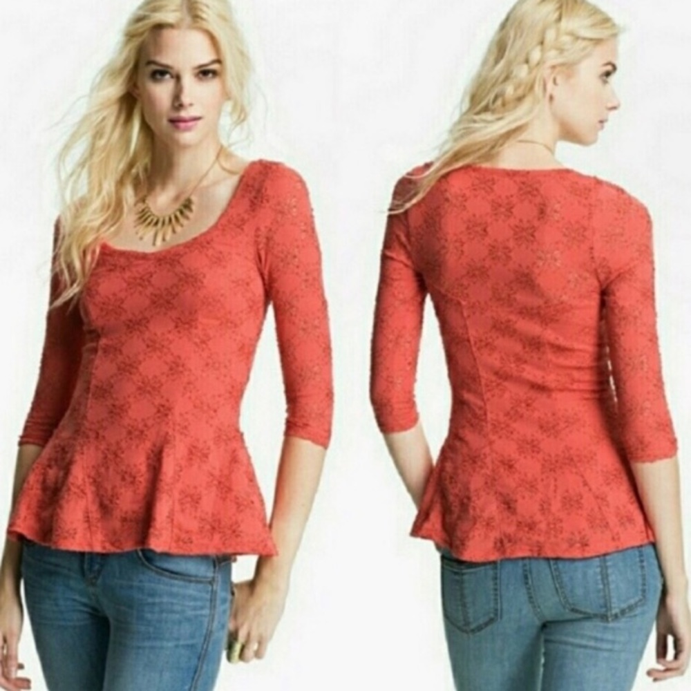 NWT Free People Daisy Godet crochet Lace Peplum Top coral persimmon stretch M